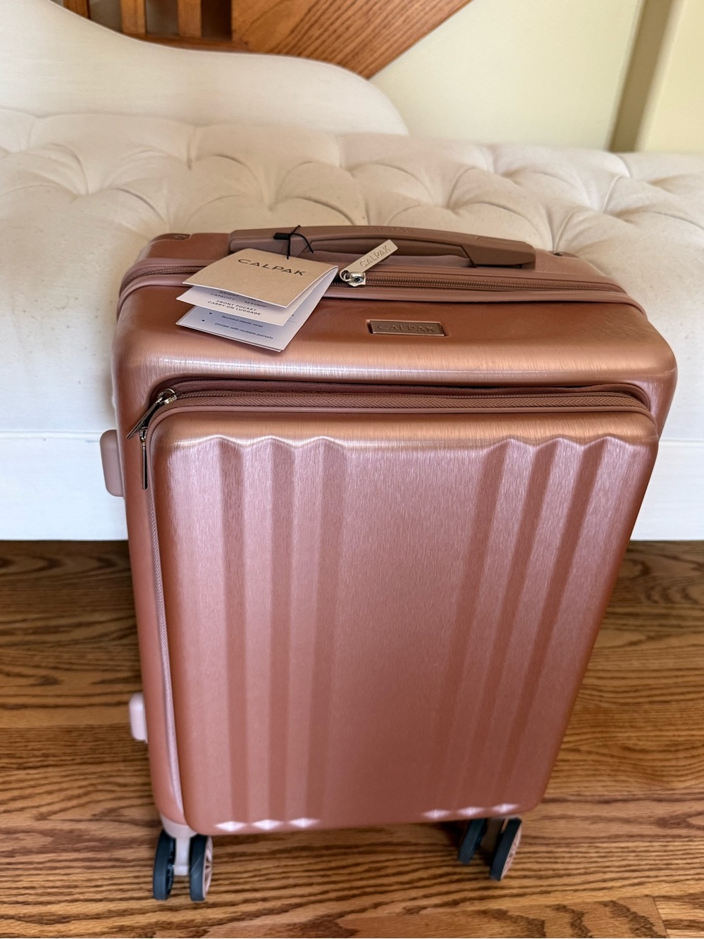 Calpak Ambeur Front Pocket CarryOn Luggage in Rose Gold